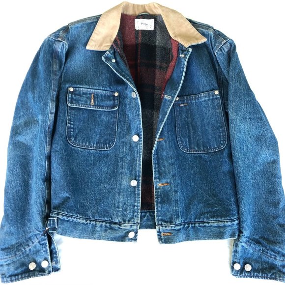 Vintage Polo Ralph Lauren Mens M Denim Jacket Flannel Plaid Lined